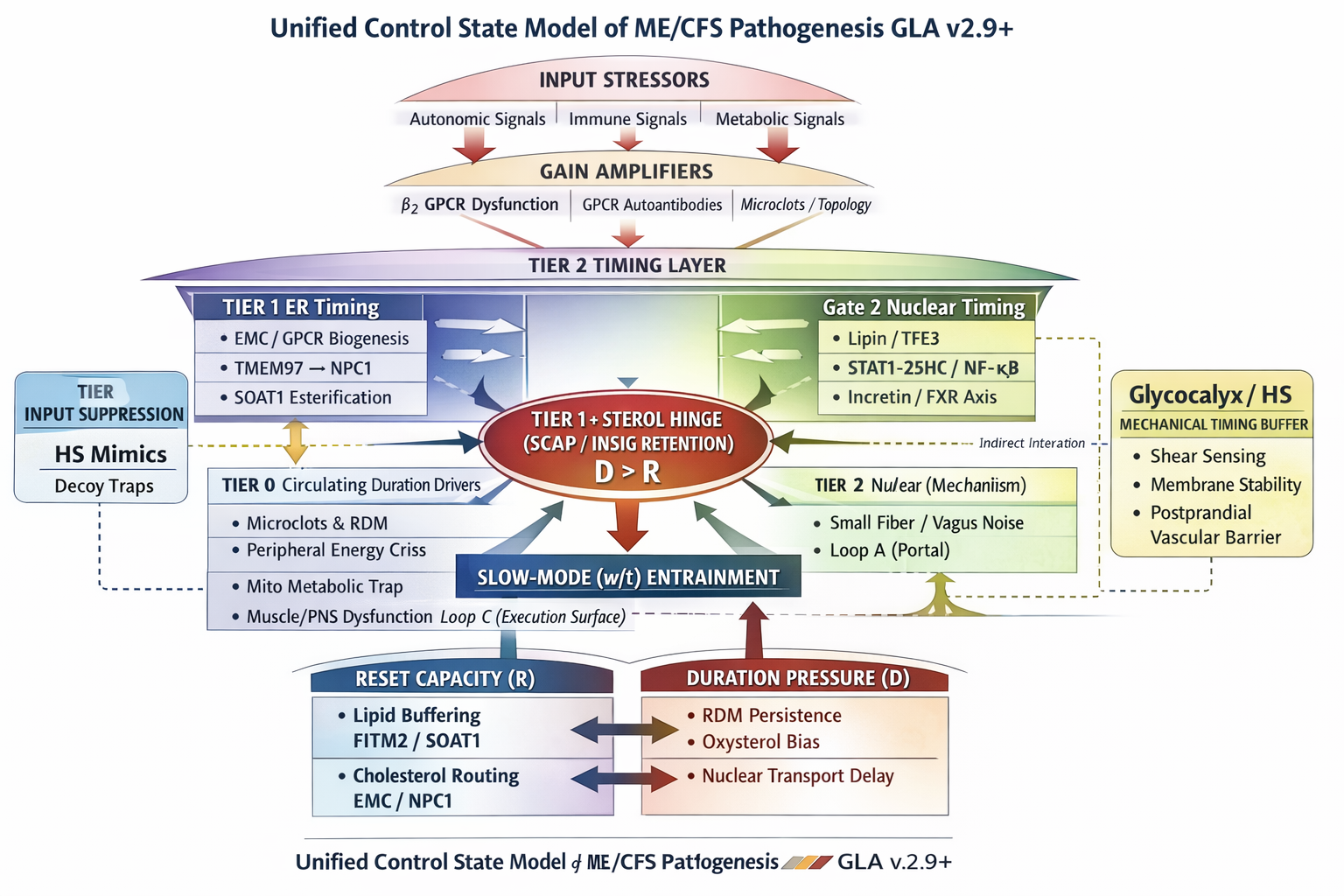 Unified Control State Model diagram showing input stressors, gain amplifiers, Tier 2 timing layer, Tier 1 sterol hinge with D greater than R, reset capacity, and duration pressure.